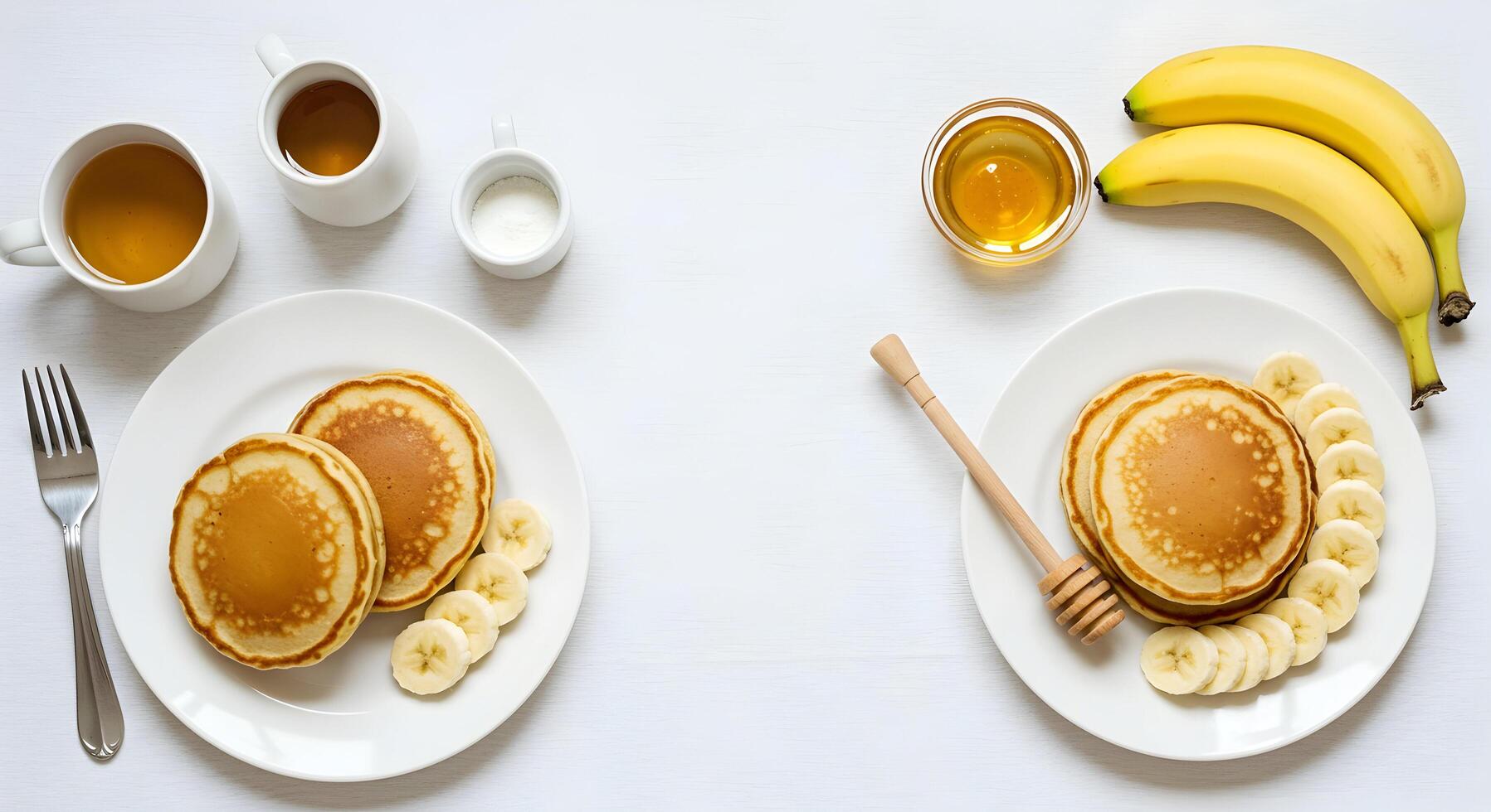 Serving Pancakes with Banana Slices and Honey Overhead Flat Lay photo