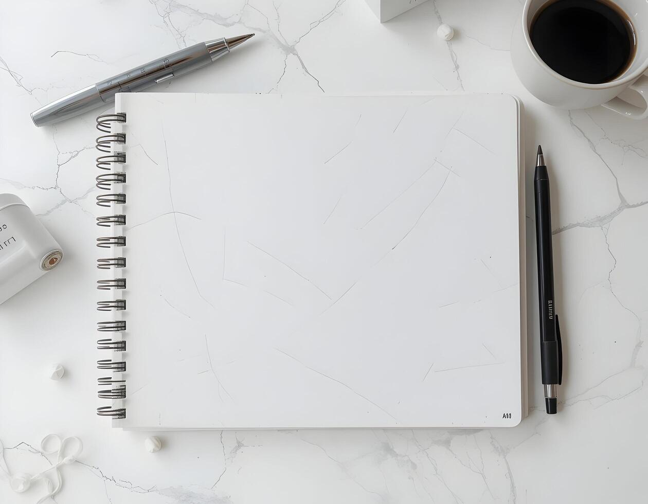 Blank Notebook with Pen and Coffee Flat Lay on Marble Background photo