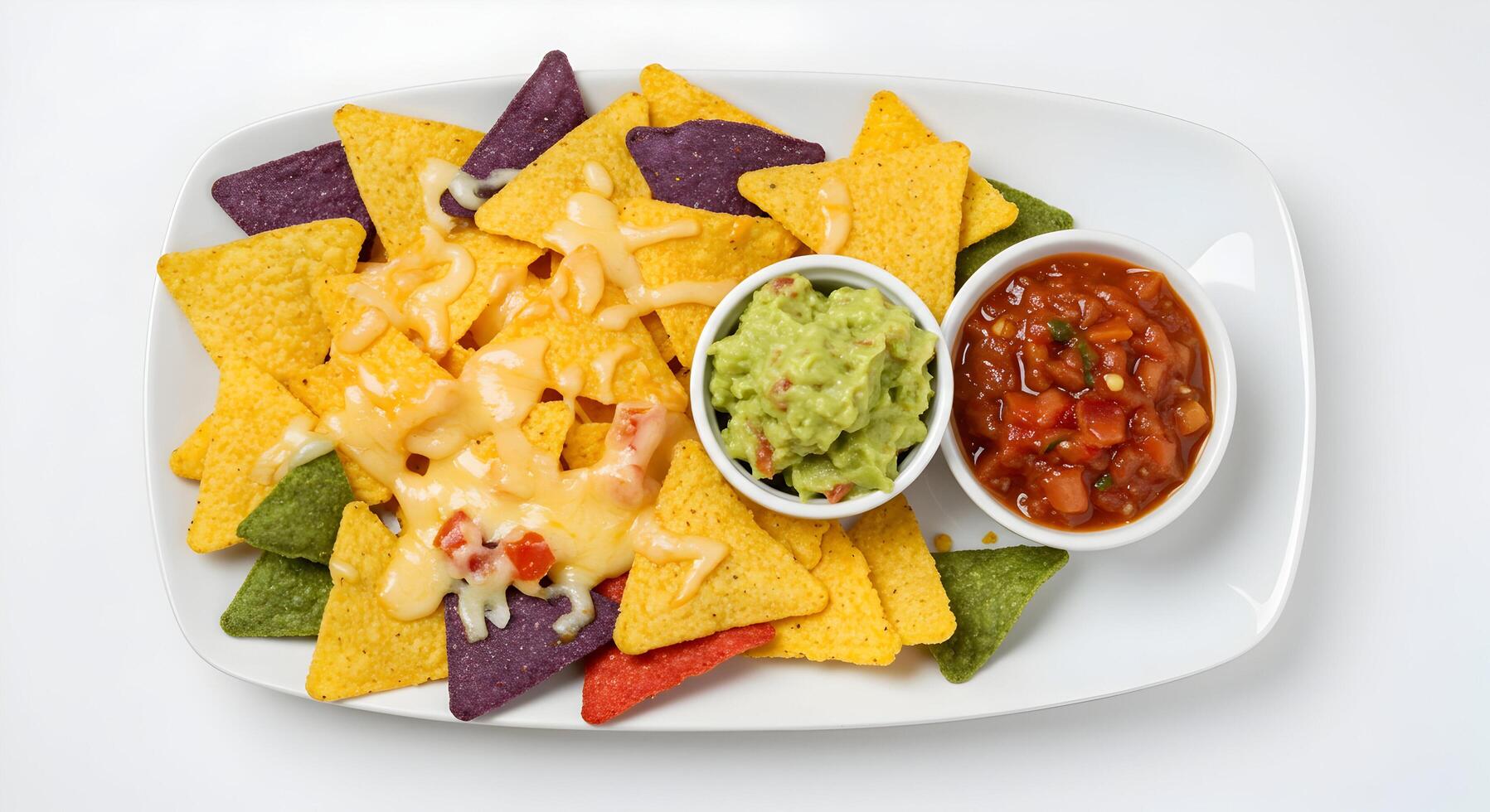 Serving Nachos with Cheese, Guacamole and Salsa on White Plate photo