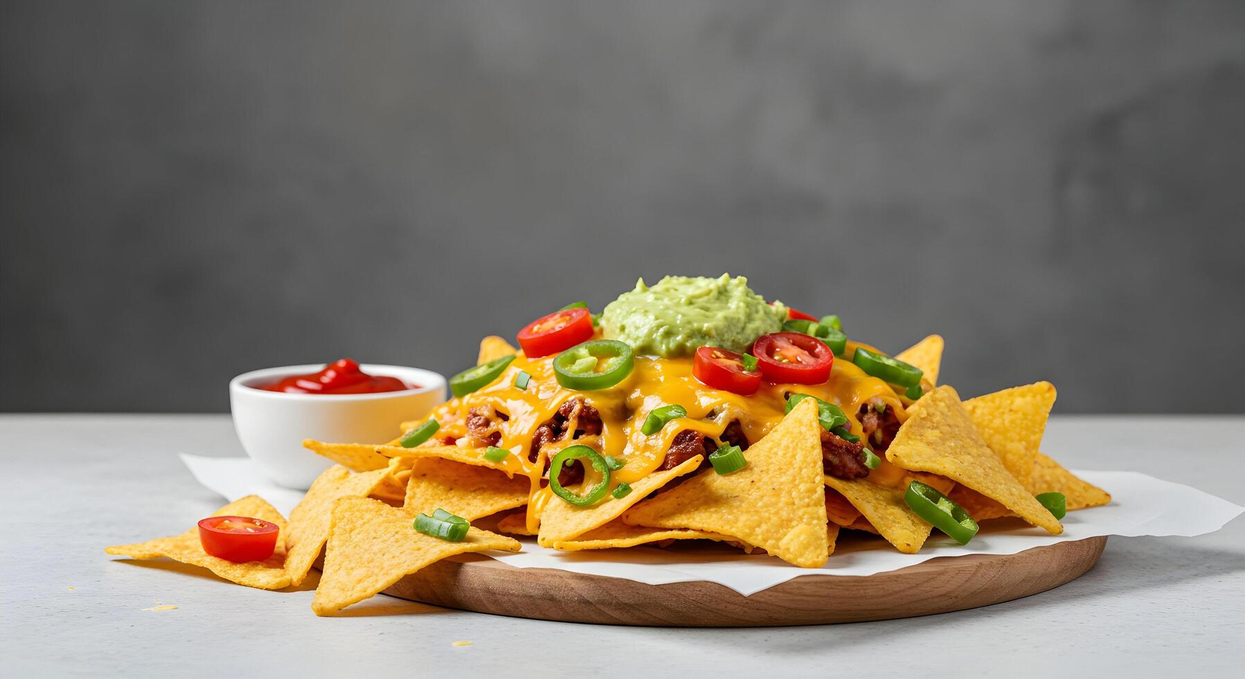 Serving of Loaded Nachos with Cheese and Toppings on Wood Plate photo