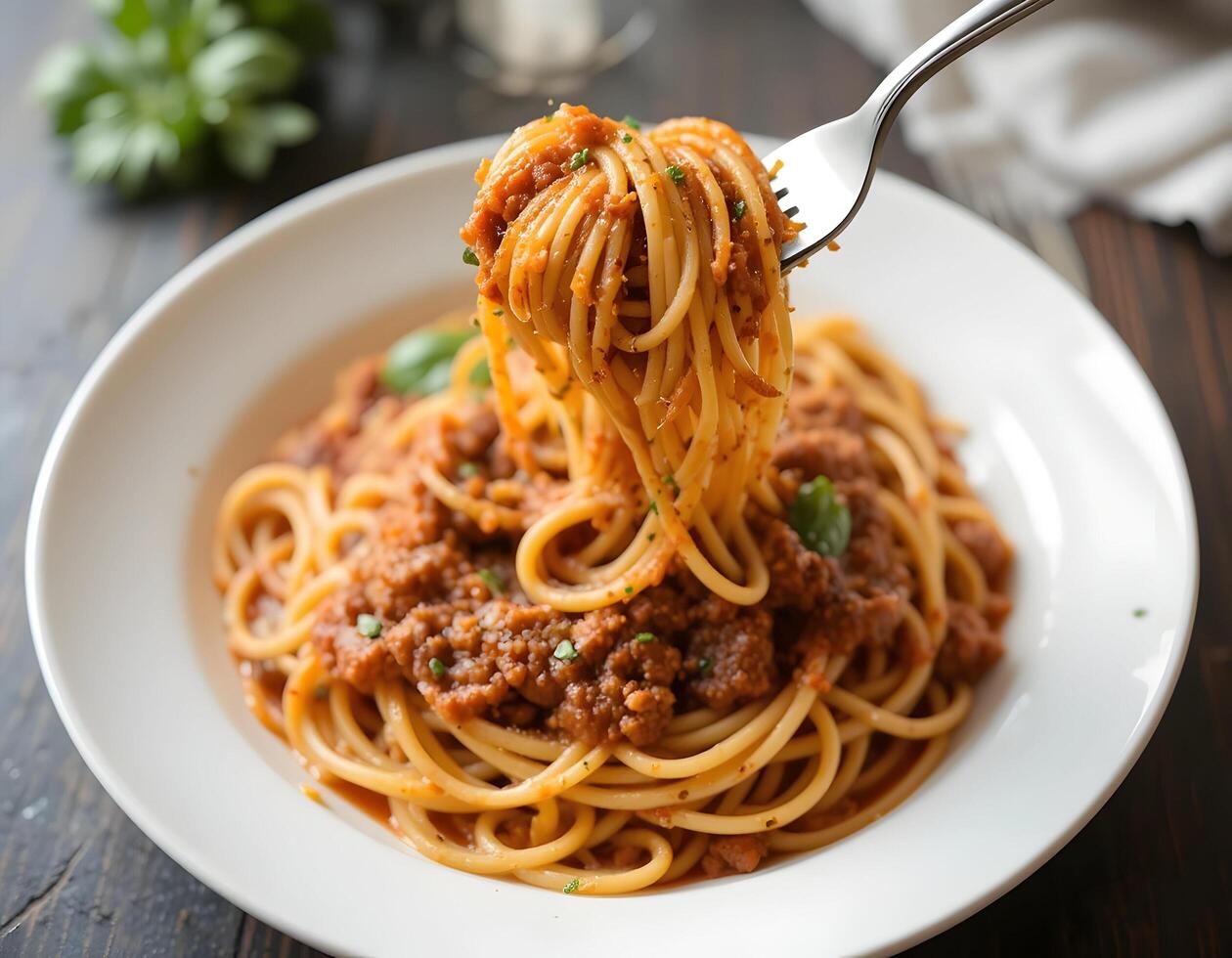 Eating Pasta with Meat Sauce on Fork Over Plate photo