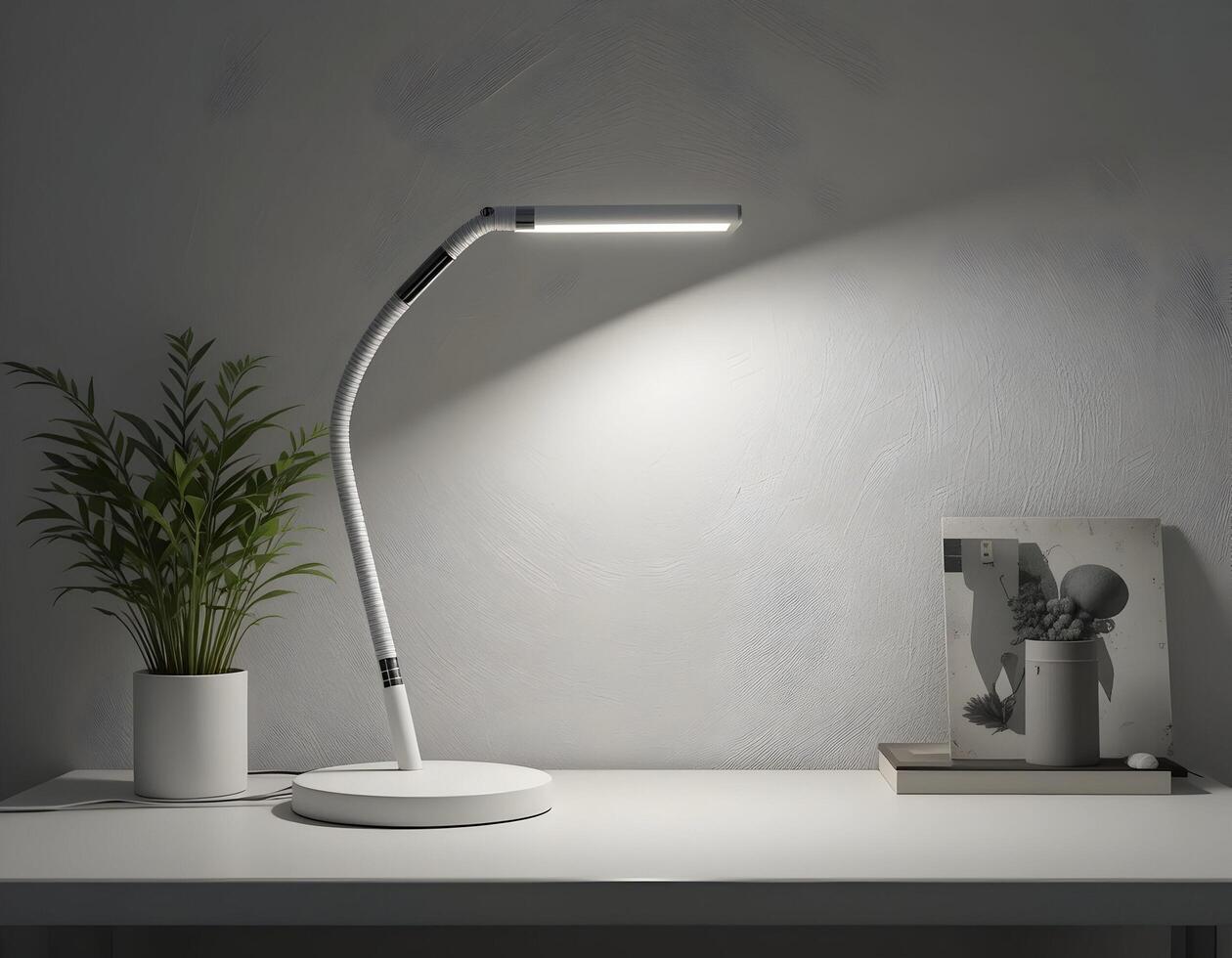 Desk Lamp Illuminating a Modern Workspace with Plant and Books photo