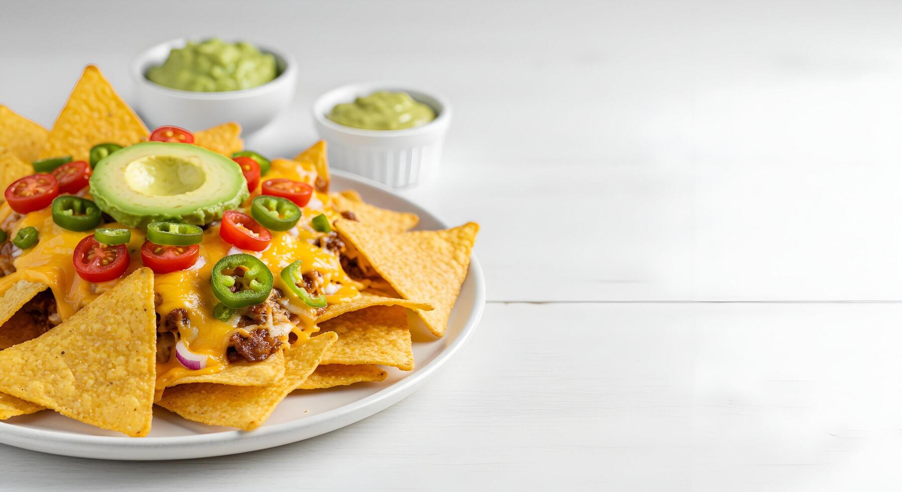 Serving Nachos Topped with Avocado and Peppers on a White Plate photo