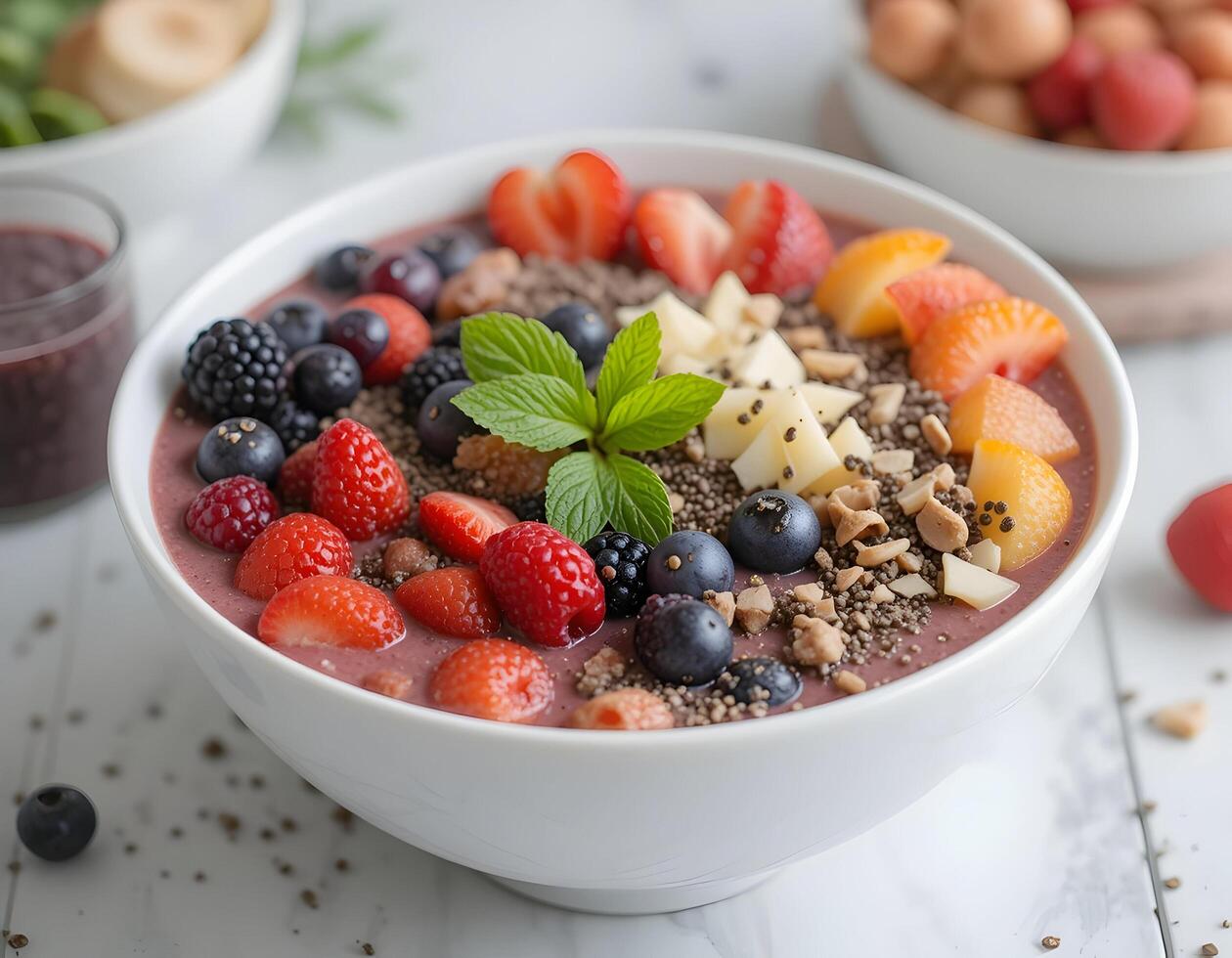 Preparing Fruit Smoothie Bowl with Fresh Berries and Mint photo