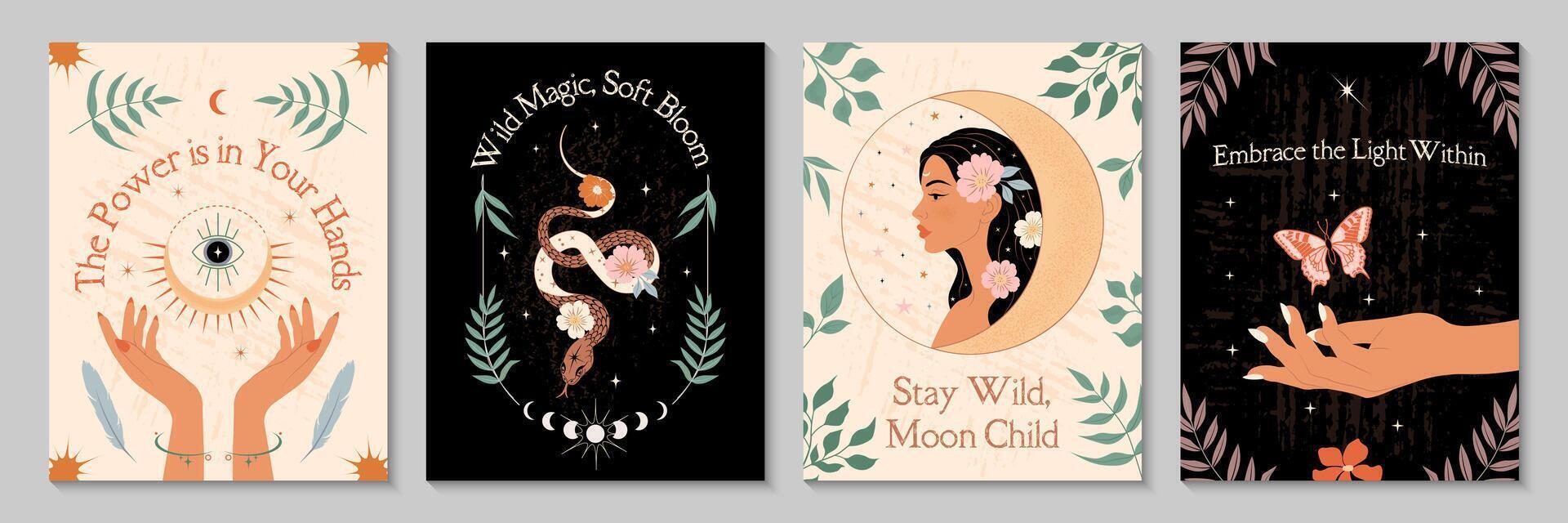 Mystical boho poster set with celestial symbols, feminine energy and nature elements. Soft neutral and black palette. Ideal for wall art, decor prints, tarot aesthetics and spiritual gifts. vector