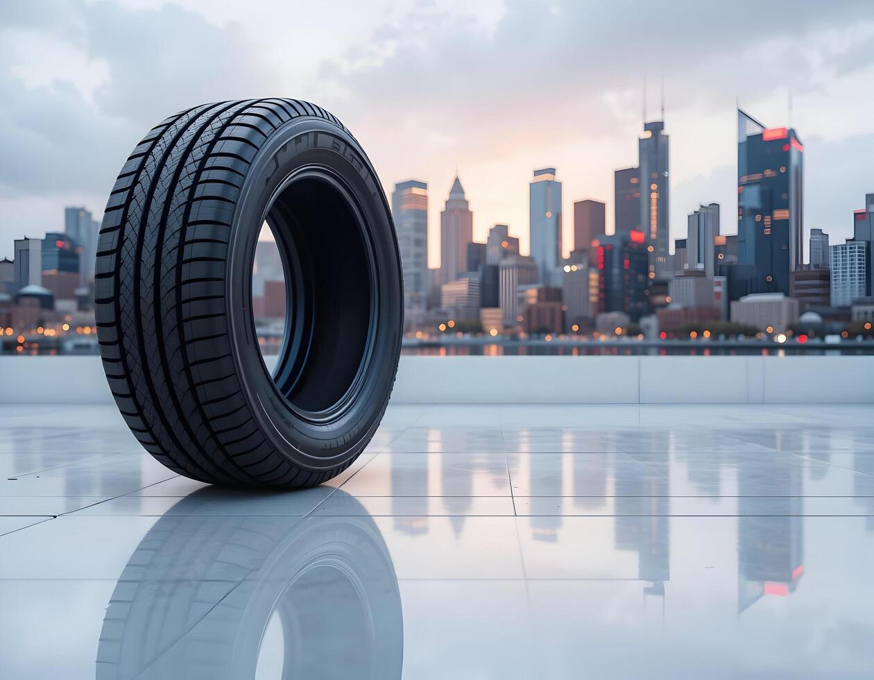 Tire on a Reflective Surface with Cityscape Background at Sunset photo