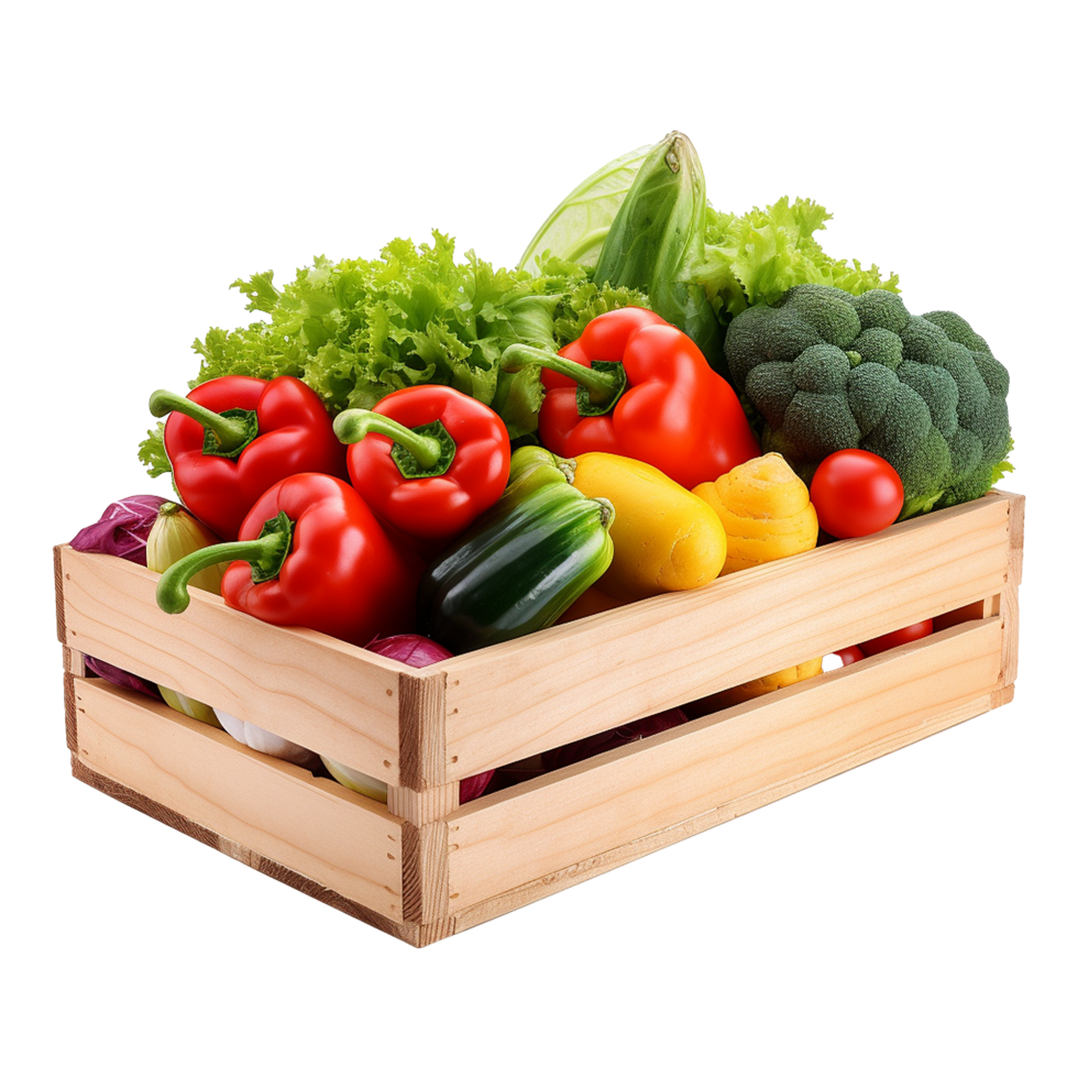 Crate full of seasonal vegetables concept for healthy recipes or grocery ads png