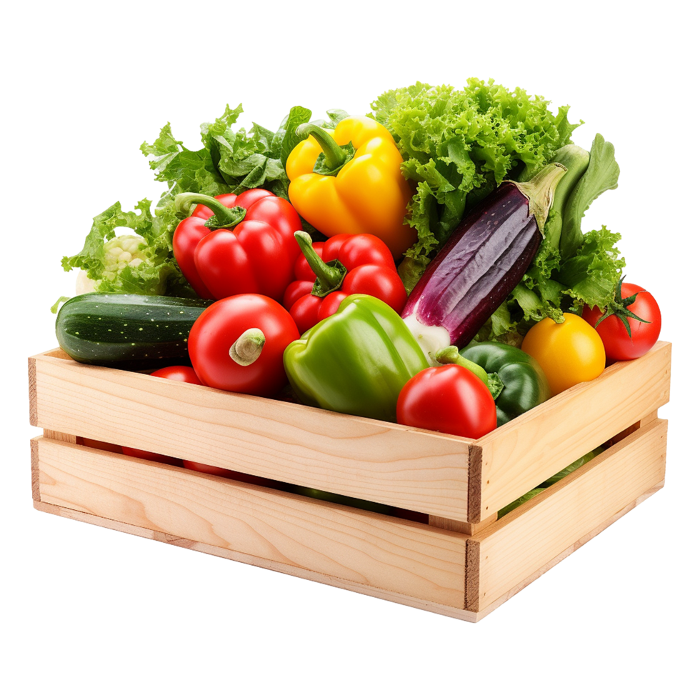 Harvested vegetables packed in crate ready for eco delivery or healthy food blog png