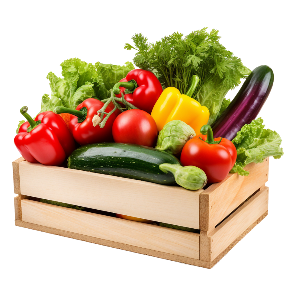 Eco produce box concept showing fresh vegetables for organic delivery branding png