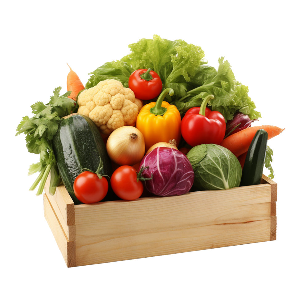 Fresh vegetable basket concept with crate filled for healthy diet background png