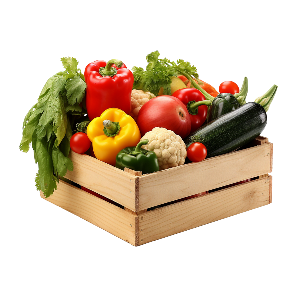 Close up of wooden crate filled with assorted vegetables and herbs from garden png