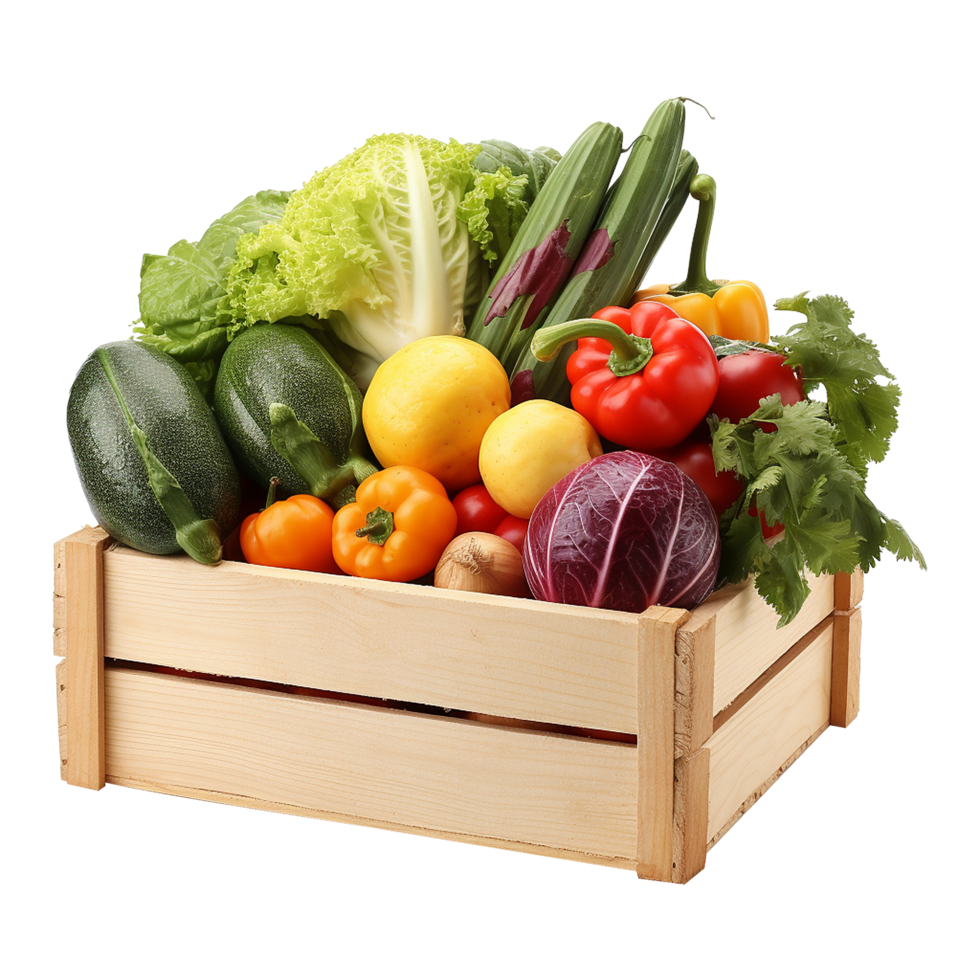Wooden box with fresh picked vegetables ideal for farm branding and grocery delivery png