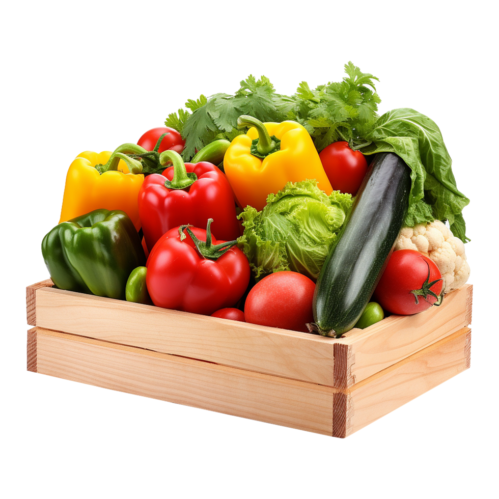 Assortment of vegetables in rustic wooden crate captured in soft natural light png