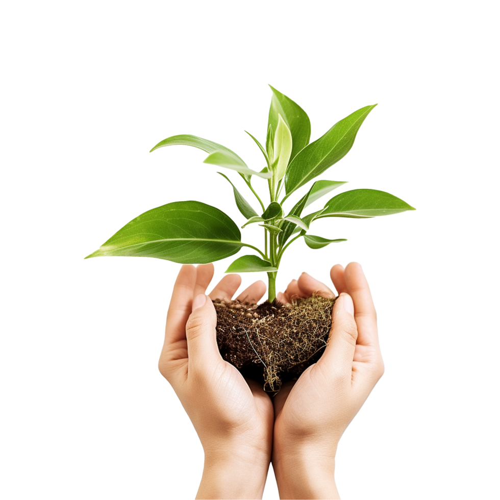 Nurturing hands supporting a fresh green sprout on transparent background for conservation or organic branding png