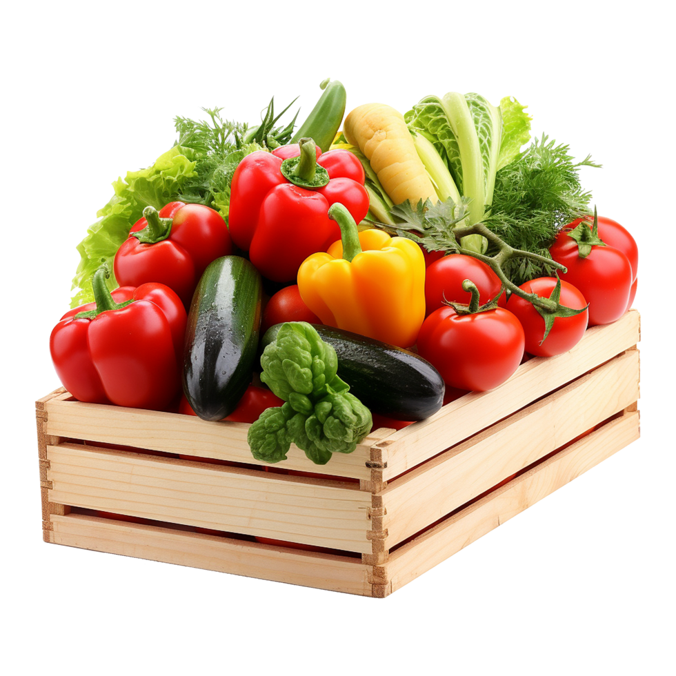 Freshly harvested vegetables in a rustic wooden box ready for market or farm to table cooking png