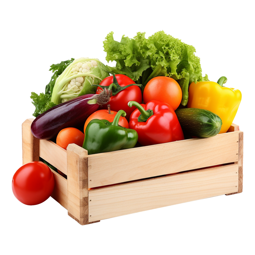 Colorful assortment of organic vegetables arranged neatly inside a natural wooden crate png