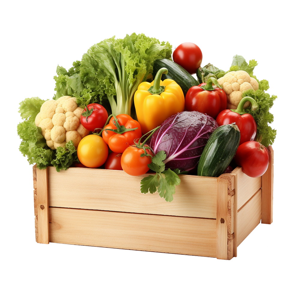 Fresh vegetables in crate on wooden table background great for food photography png