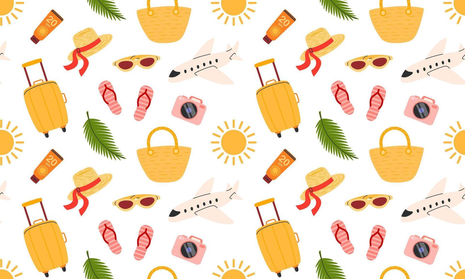 Summer vacation seamless pattern. Plane and other journey or trip icon. Flight and travel to sea. Beach summer background. Luggage, airplane, suitcase, camera. Hand drawn illustration vector