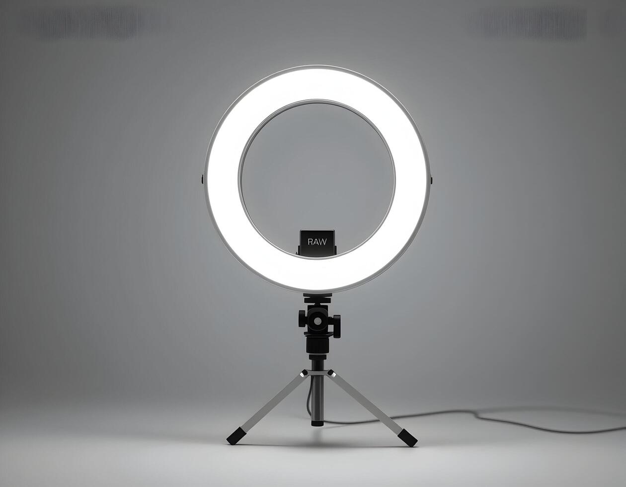 Ring Light on Tripod Standing Isolated on Gray Background photo