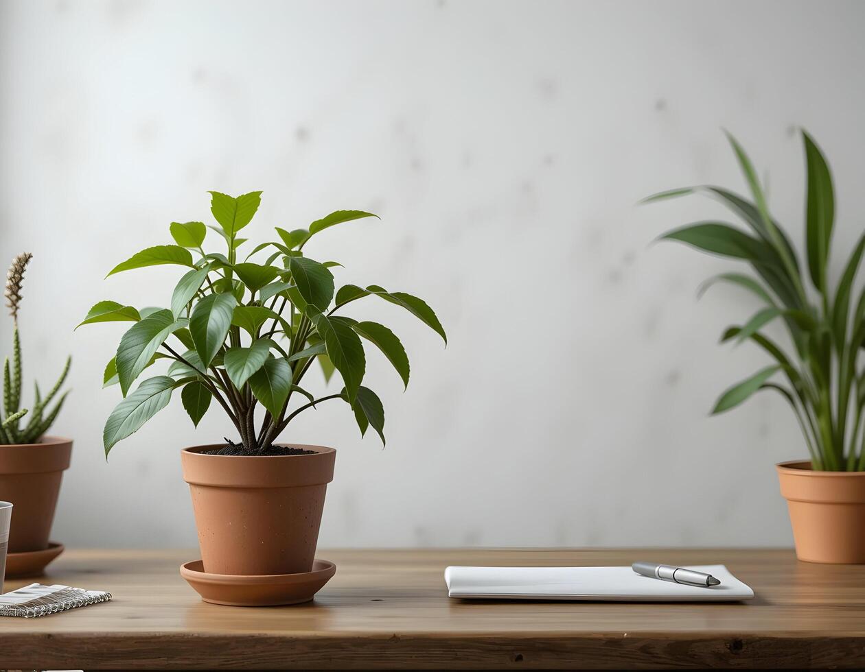 Green Plant in Pot on Wooden Table with Notepad and Pen photo