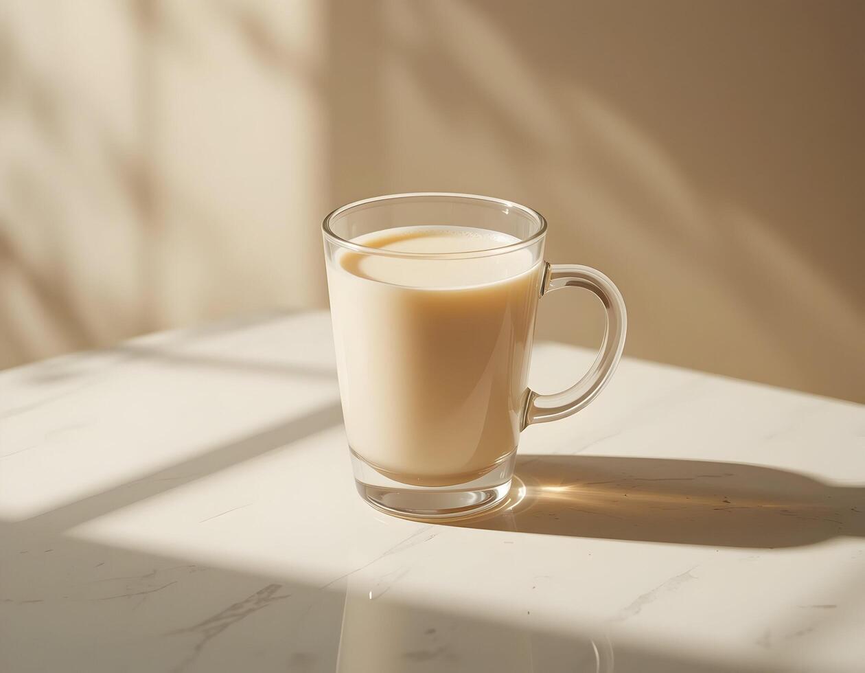 Glass Mug with Beige Liquid on Table in Sunlight photo