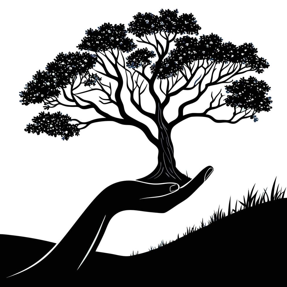 a hand holding a tree in the palm of the hand vector