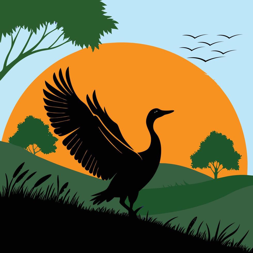 silhouette of a duck flying over a field with sunset vector