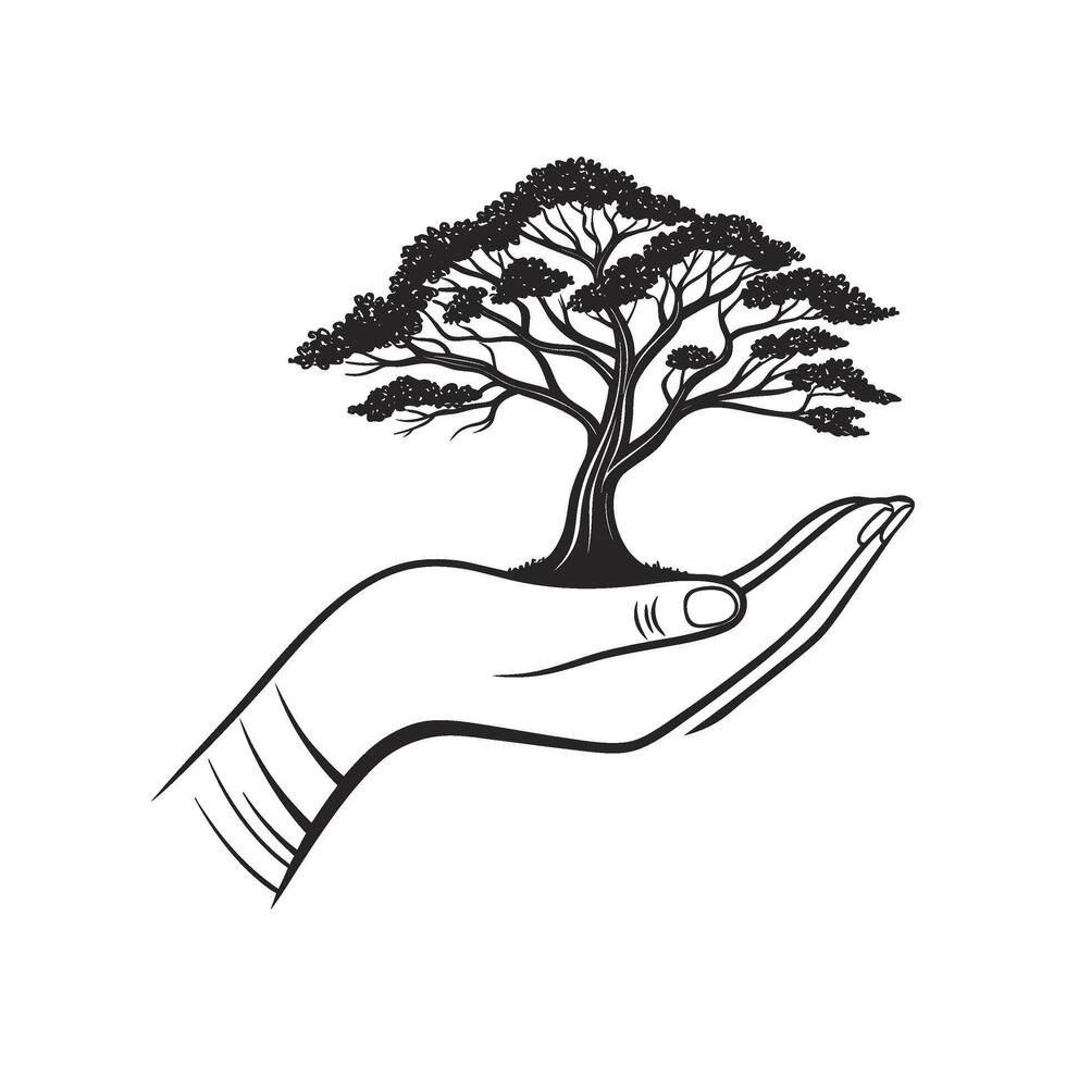 a hand holding a tree on it's palm vector