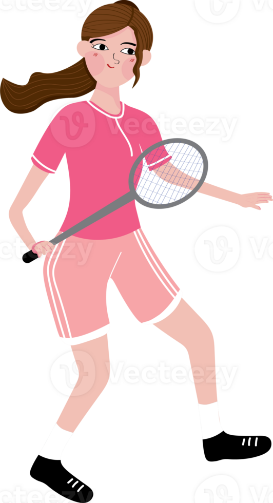 A cartoon girl in pink is holding a tennis racket png