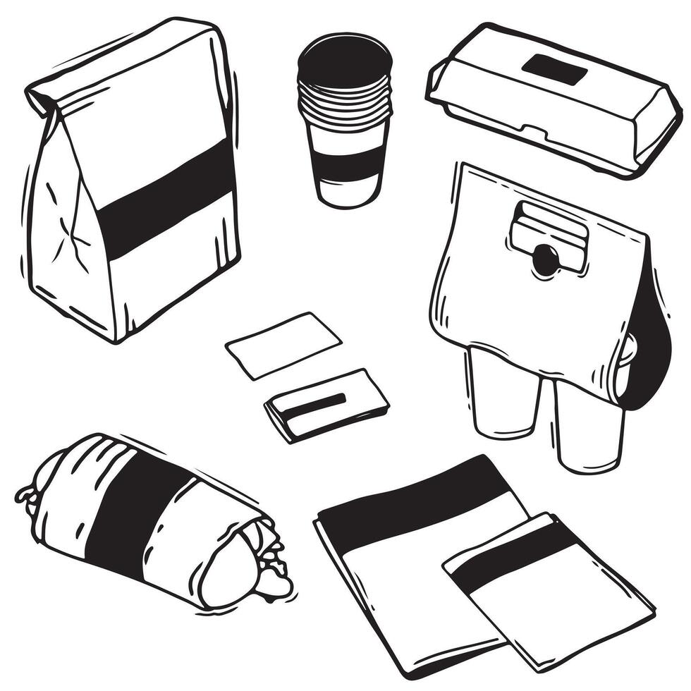 Hand Drawn Food and Beverage Packaging Mockup Set - Line Art Illustration vector