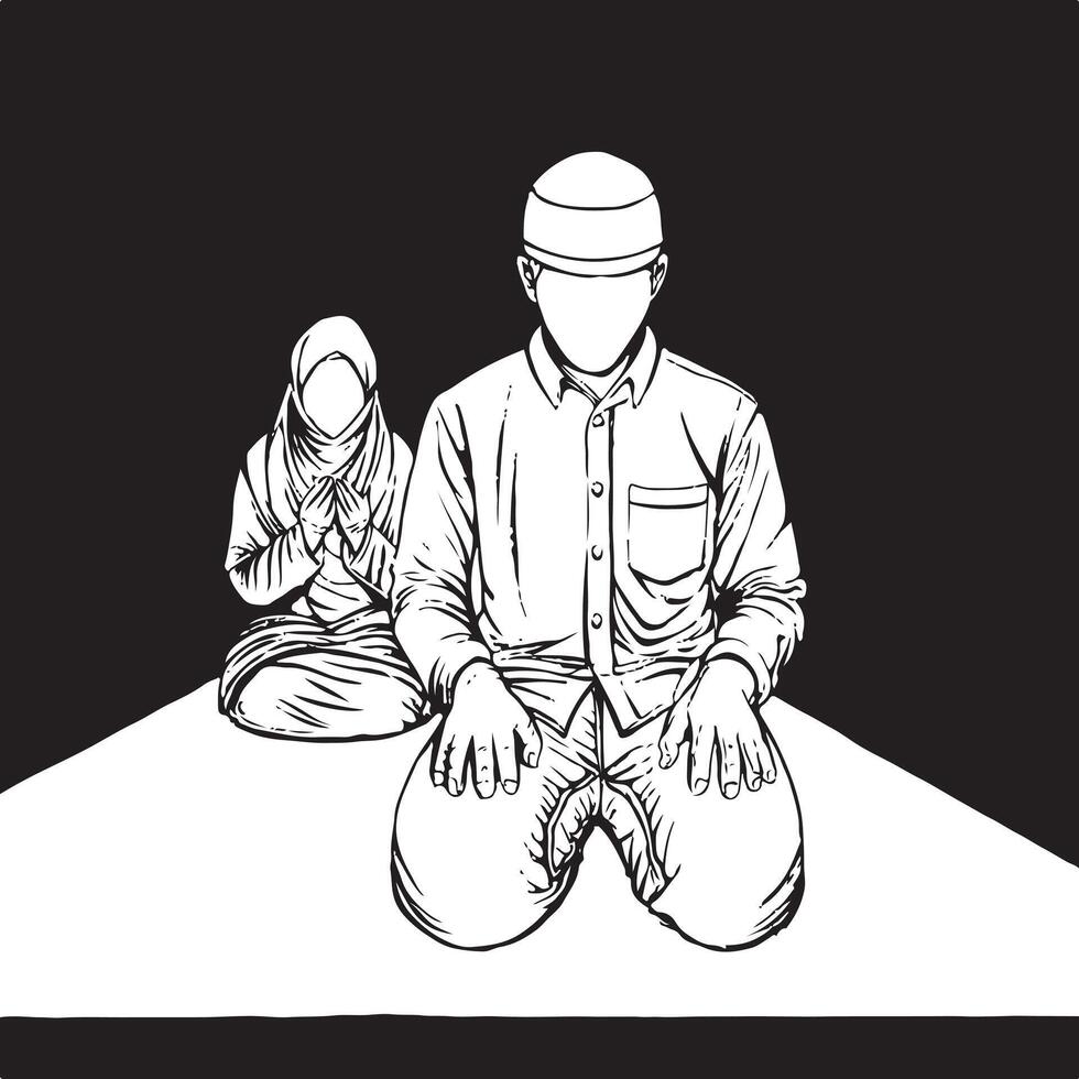Muslim Couple Praying in Islamic Tradition - Line Art Illustration vector