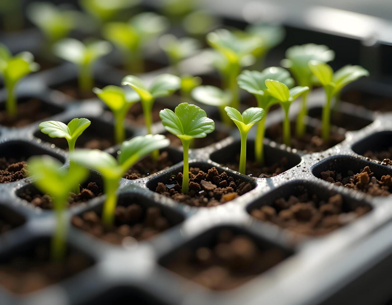 Seedlings Growing in Tray, Close-up View of Young Plants photo