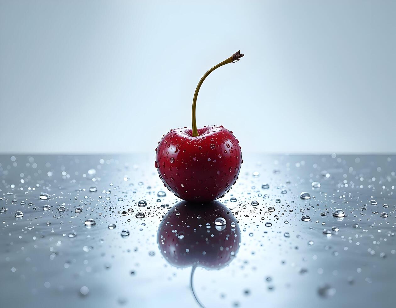 Single Cherry with Water Droplets and Reflection on Shiny Surface photo