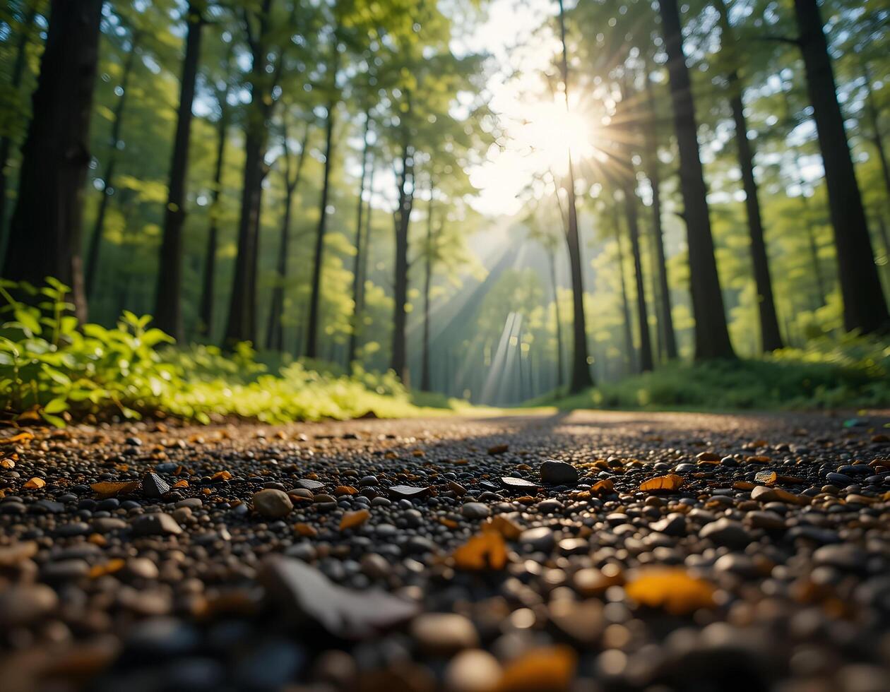 Forest Path with Sunlight Shining Through Trees photo