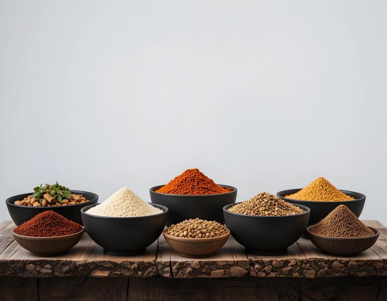 Arrangement of Various Spices in Bowls on Rustic Wooden Surface photo