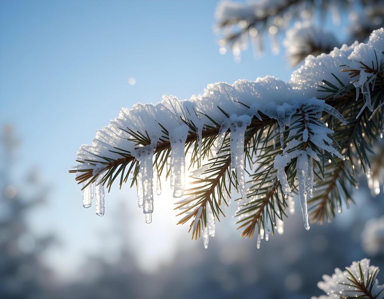 Snowy Pine Branch with Icicles on Sunny Winter Day photo