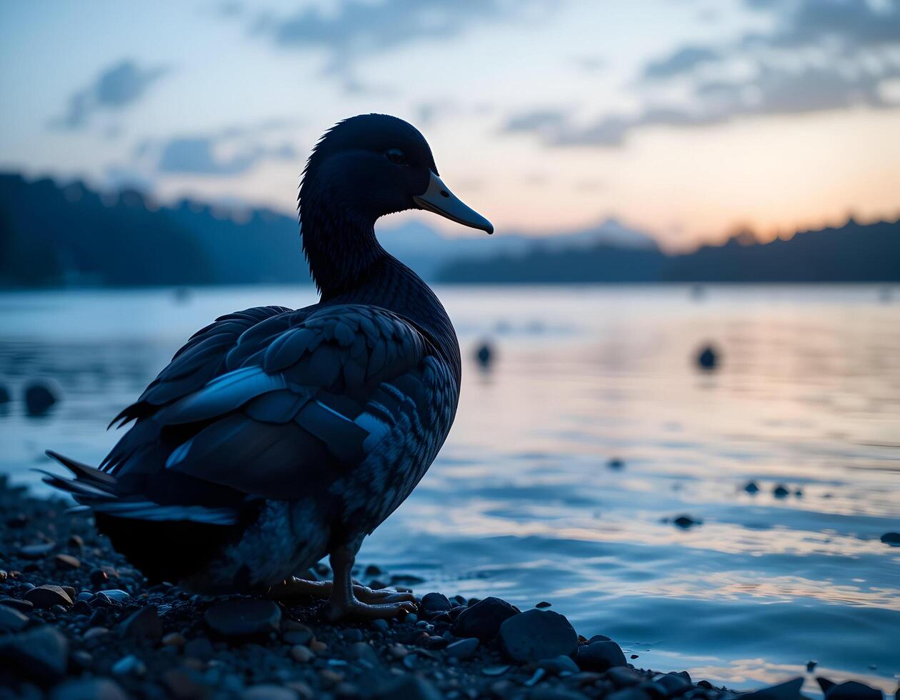 Duck Standing by Lake at Sunset with Calm Water and Sky photo