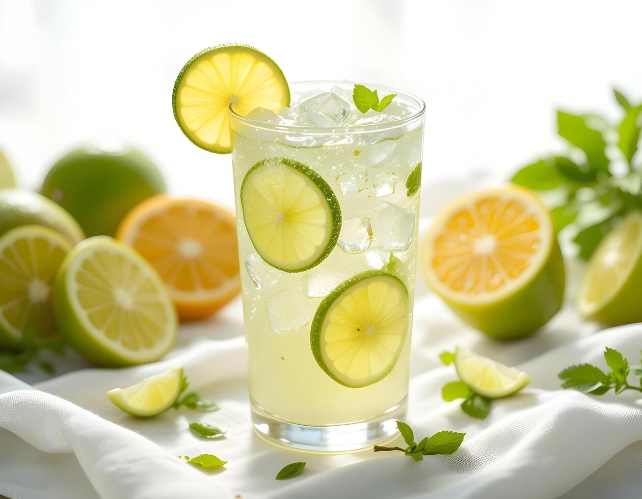 Refreshing Citrus Drink with Ice and Lime Slices on White Background photo
