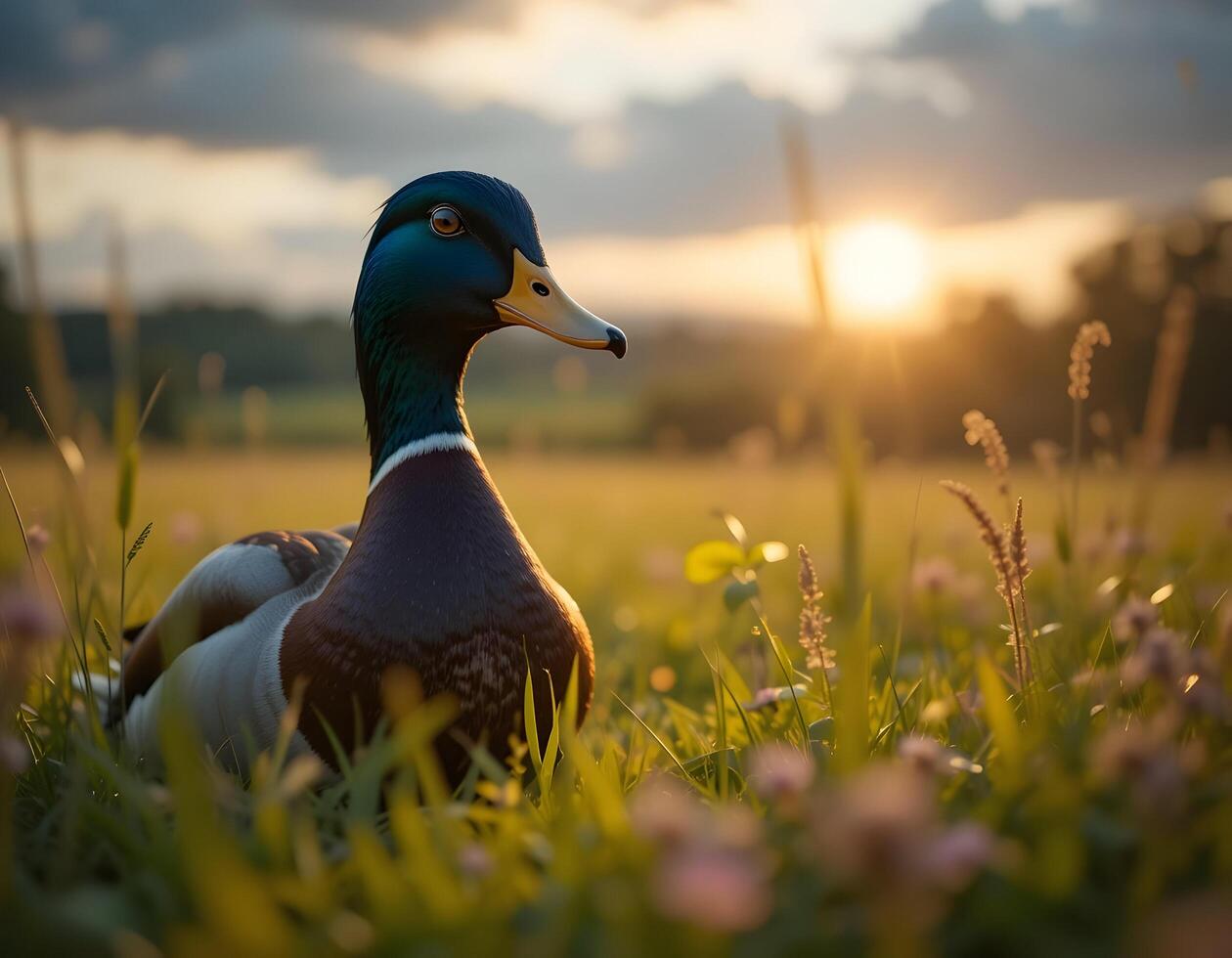 Duck in a Field at Sunset with Golden Light and Green Grass photo