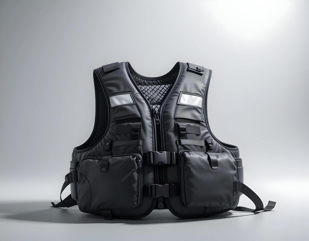 Black Tactical Vest with Pockets and Reflective Stripes Against Gray Background photo