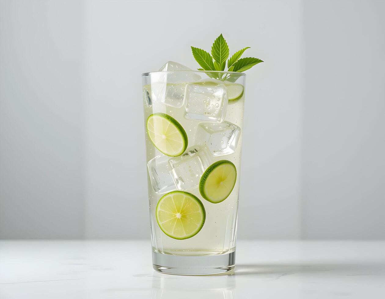 Refreshing Lime Drink with Ice Cubes and Mint in Glass photo
