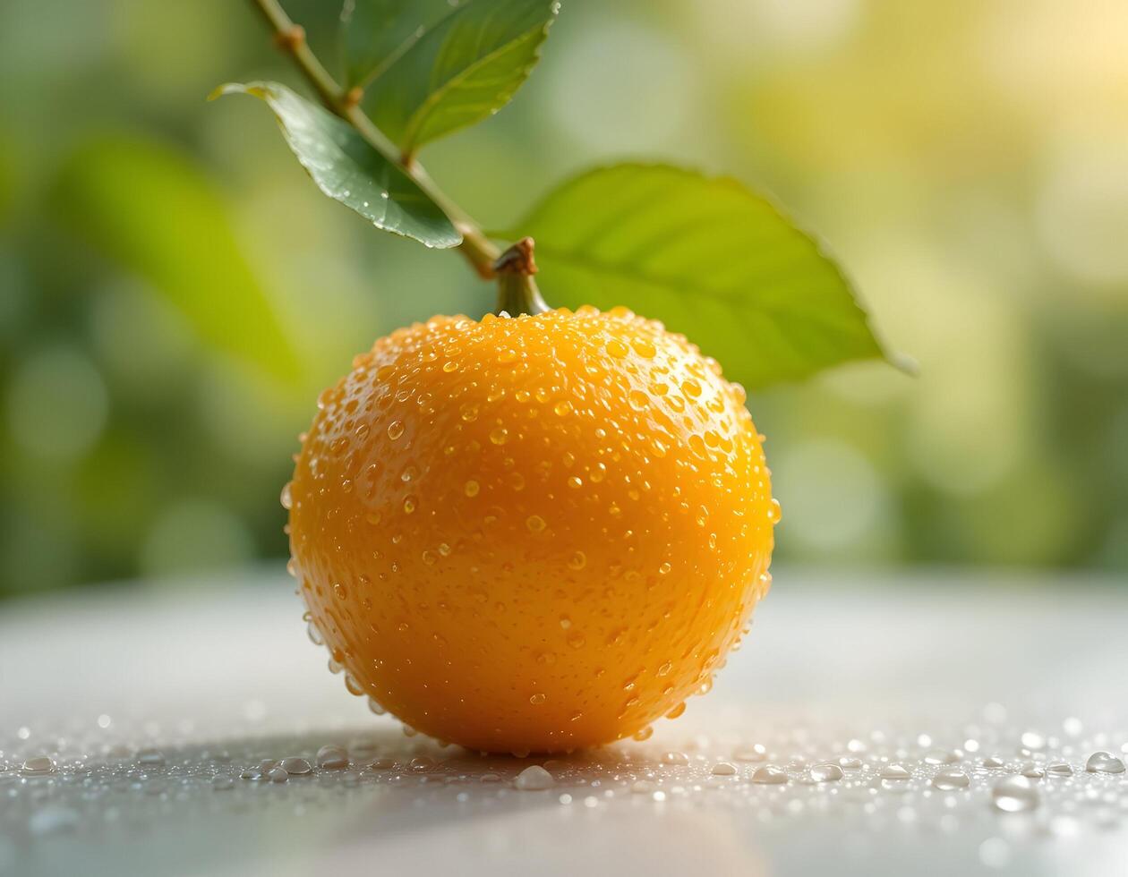 Fresh Citrus Fruit with Water Droplets on Branch in Sunlight photo