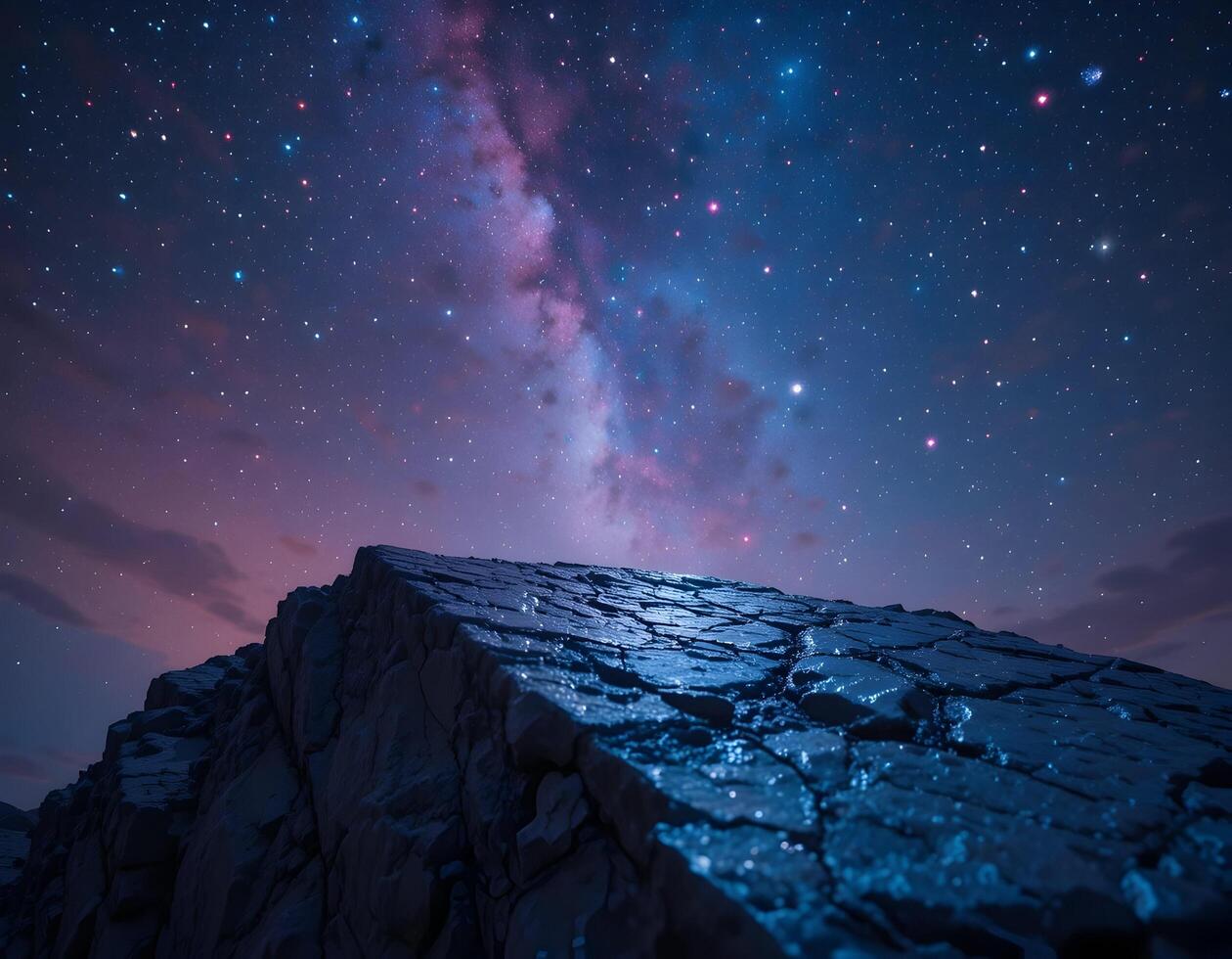 Stunning Night Sky Over Rocky Terrain with Milky Way Galaxy photo