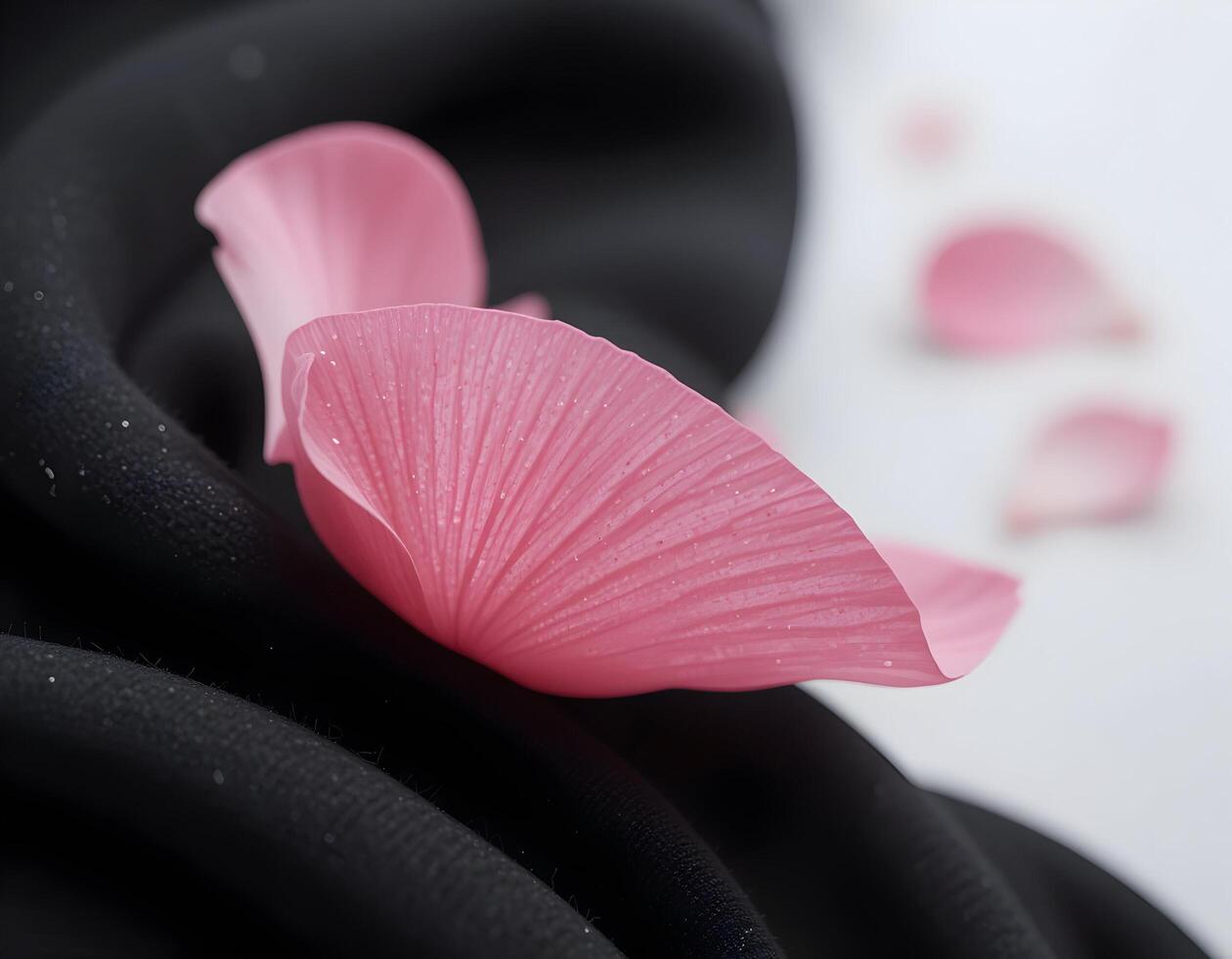 Pink Flower Petal on Black Fabric Close Up photo