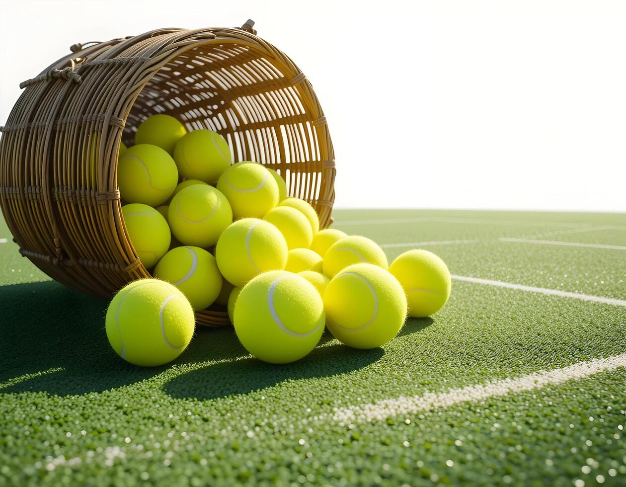 Tennis Balls Spilling From Basket on Court, Close Up photo