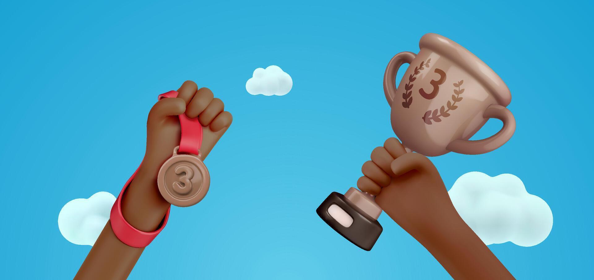 Dark Skin Athletes Holding Bronze Medal And Bronze Cup, Third Place Celebrating Victory, Diversity, Inclusion and International Unity Concept in 3D Cartoon Style. Illustration. vector