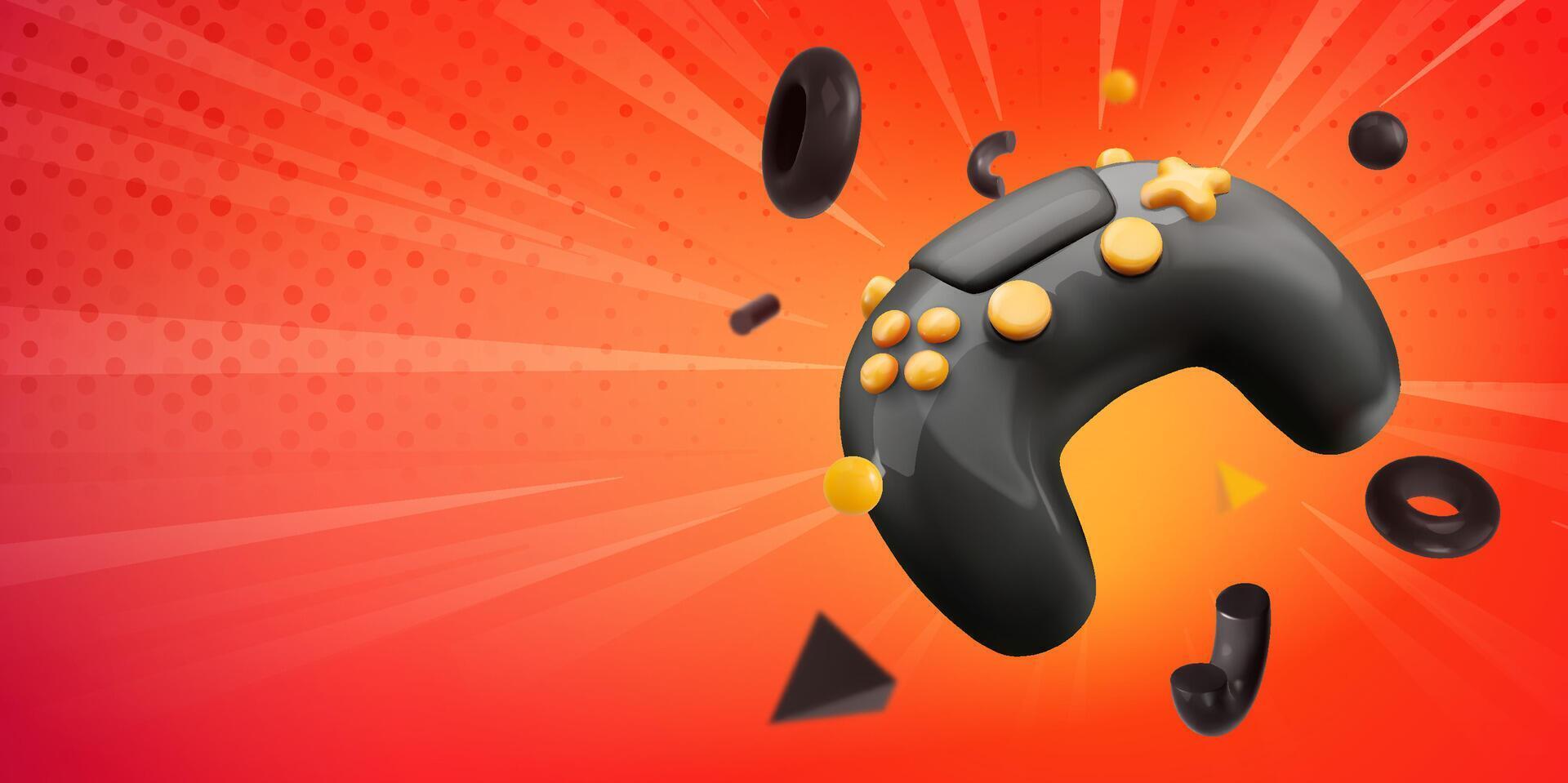 3d Game Controller Isolated on Abstract Comic Background. Black Joystick with Dynamic 3D Elements, Perfect for Esports or Gaming Promotions. Illustration. vector