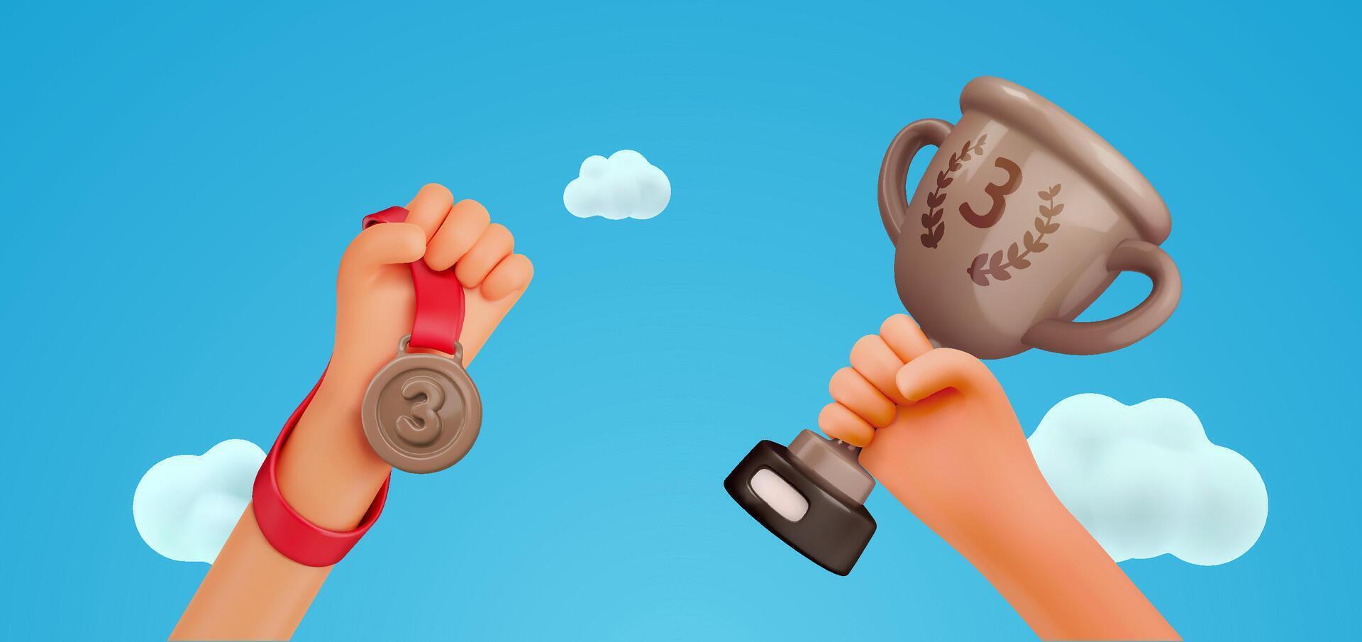 Winner Hands Holding Bronze Trophy and Medal on Blue Sky Background, Celebrating Third Place Victory and Achievement. 3D Cartoon Style. Illustration vector