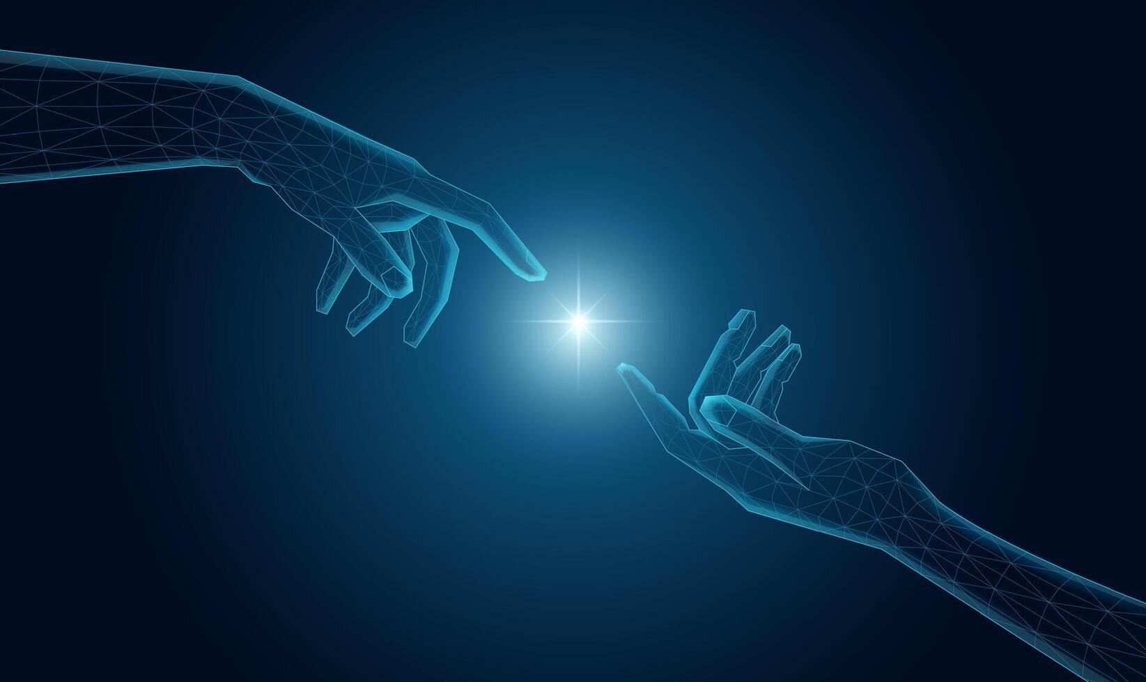 Futuristic wireframe hand, with a mesh glowing light. AI, technology concept. vector