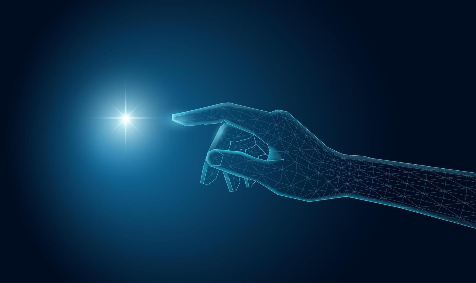Wireframe hand, with a mesh glowing light. AI, technology, or connection concept. vector